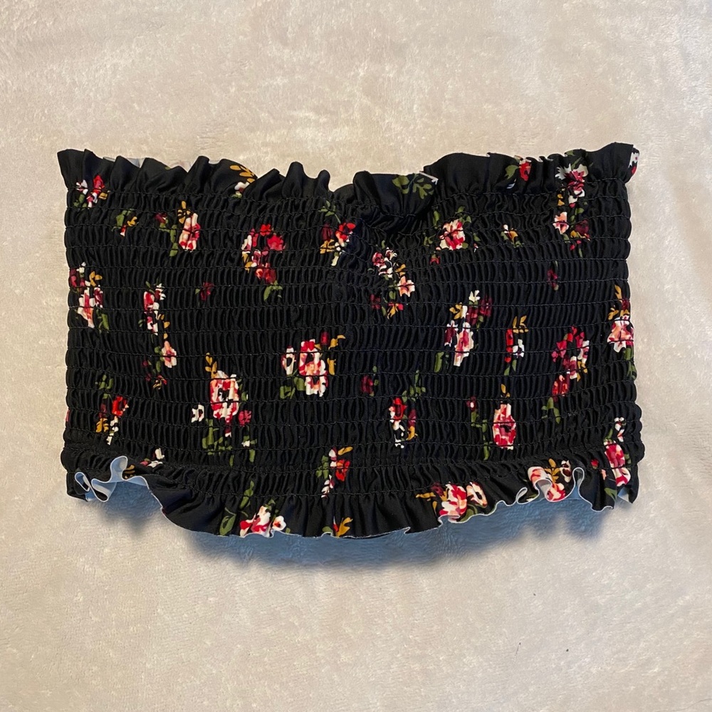 Black and Floral Print Swimsuit Top